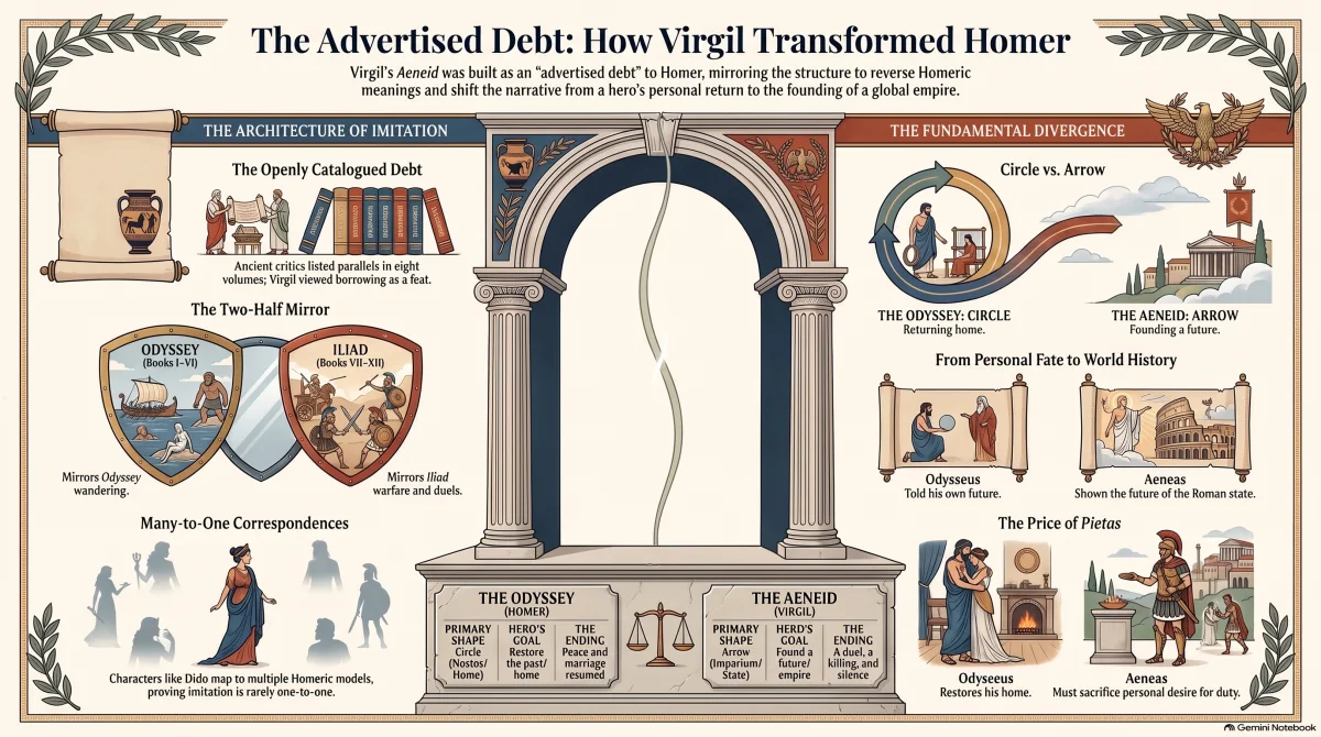 An illustrated comparison of the Odyssey and the Aeneid, arranged around a Roman arch. The left half, the architecture of imitation, shows the debt Virgil catalogued openly, the two-half mirror in which the Aeneid's first six books echo the Odyssey's wandering and its last six the Iliad's warfare, and the many-to-one correspondences by which a character such as Dido maps to several Homeric models. The right half, the fundamental divergence, sets the Odyssey's circle of return against the Aeneid's arrow toward empire, personal fate against world history, and the personal cost of duty. A plinth below compares the two poems by shape, goal and ending.