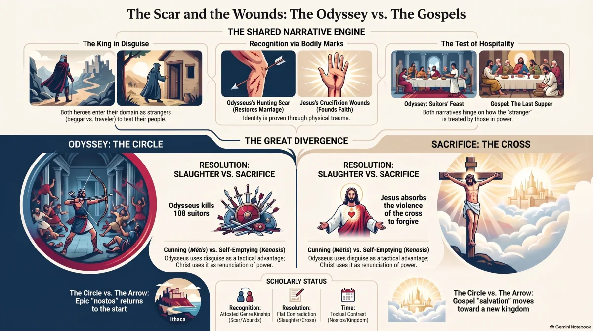 An illustrated comparison of the Odyssey and the Gospels. Along the top, a shared narrative engine: a king returning in disguise, recognition by a bodily mark — Odysseus's scar against the wounds of Jesus — and a test of hospitality pairing the suitors' feast with the Last Supper. Below, the great divergence: the Odyssey resolves in slaughter and a circular return to Ithaca, the Gospels in sacrifice and a movement toward a new kingdom. A footer rates each parallel by scholarly status.