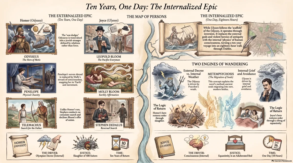 An illustrated comparison of the Odyssey and Ulysses, divided by a river down the middle. The left half, 'The Externalized Epic', pairs Odysseus with Leopold Bloom, Penelope with Molly Bloom, and Telemachus with Stephen Dedalus. The right half, 'The Internalized Epic', sets Poseidon's wrath against internal grief as the two engines of wandering, and contrasts a homecoming restored by slaughter with one restored by equanimity. A footer row compares the driver, the justice and the timescale of each work.