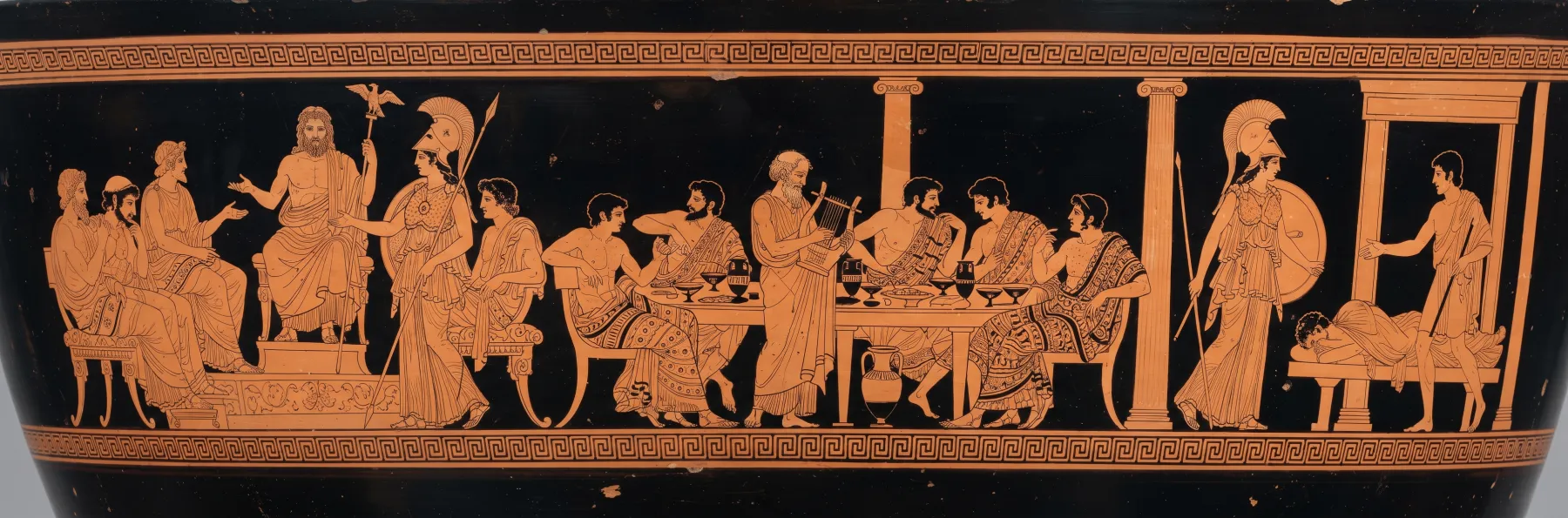 Red-figure frieze for Book 1: The gods take pity on Odysseus; Athena visits Telemachus.