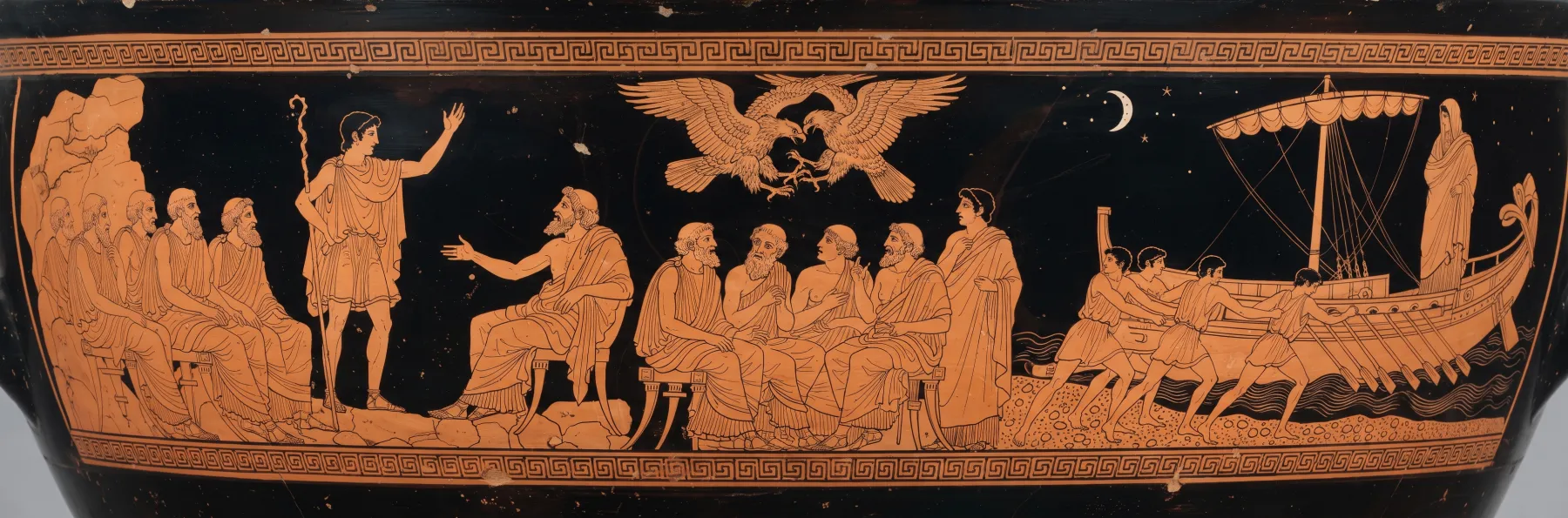 Red-figure frieze for Book 2: Telemachus confronts the suitors and sails for Pylos.