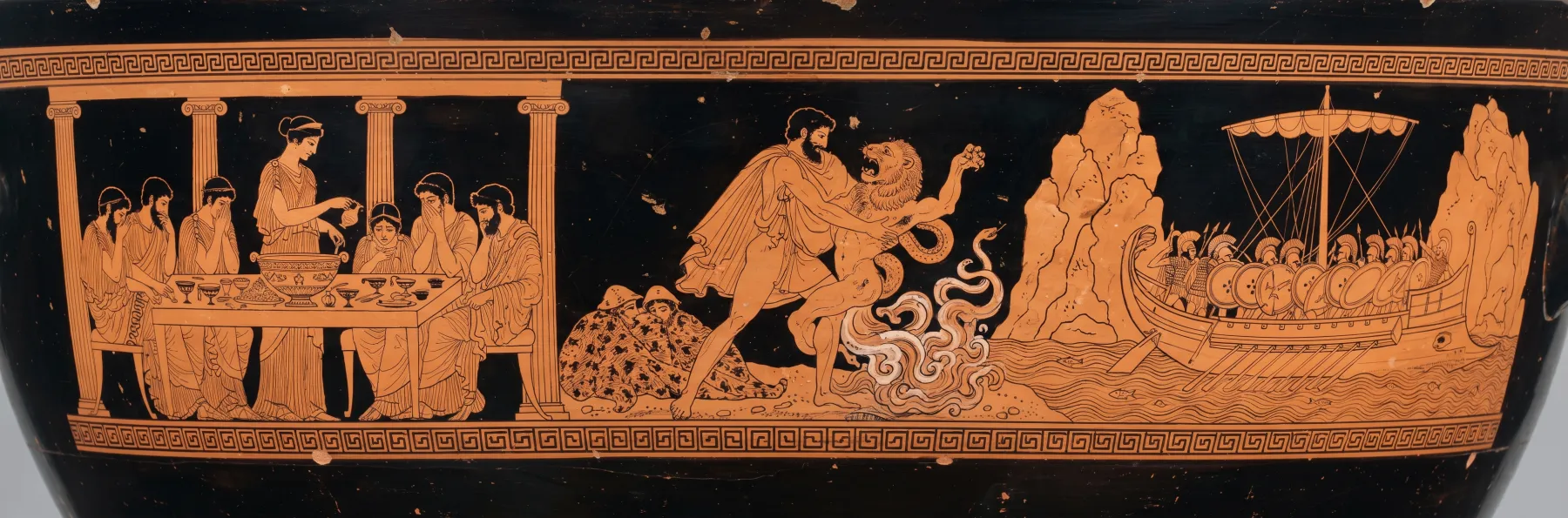 Red-figure frieze for Book 4: Menelaus and Helen at Sparta; the suitors lay an ambush.