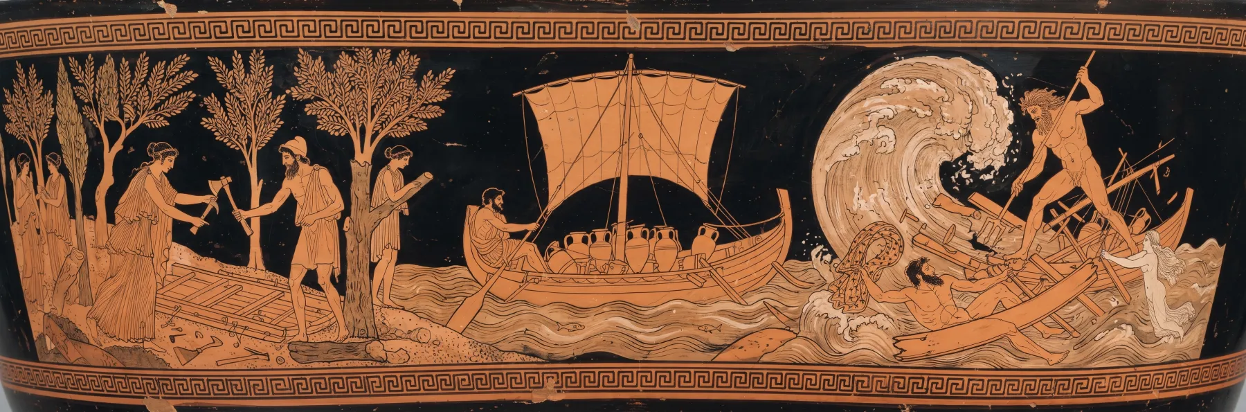 Red-figure frieze for Book 5: Calypso lets Odysseus go; Poseidon breaks his raft.