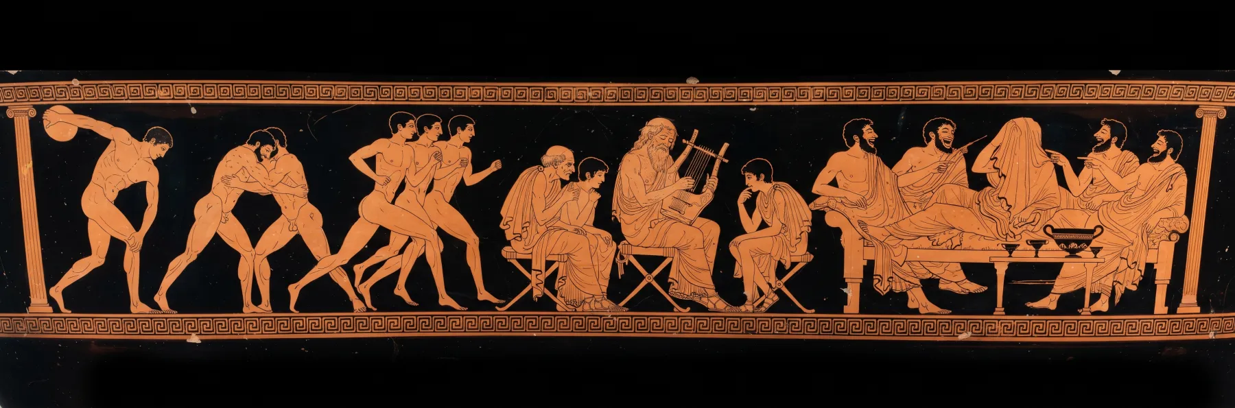 Red-figure frieze for Book 8: The Phaeacian games; Demodocus sings of Troy.