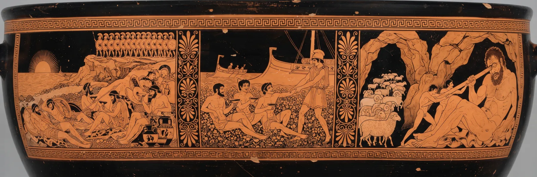 Red-figure frieze for Book 9: Odysseus names himself: the Cicons, the Lotus-eaters, the Cyclops.