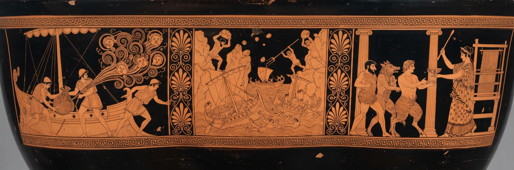 Red-figure frieze for Book 10: The bag of winds, the Laestrygonians, and Circe.