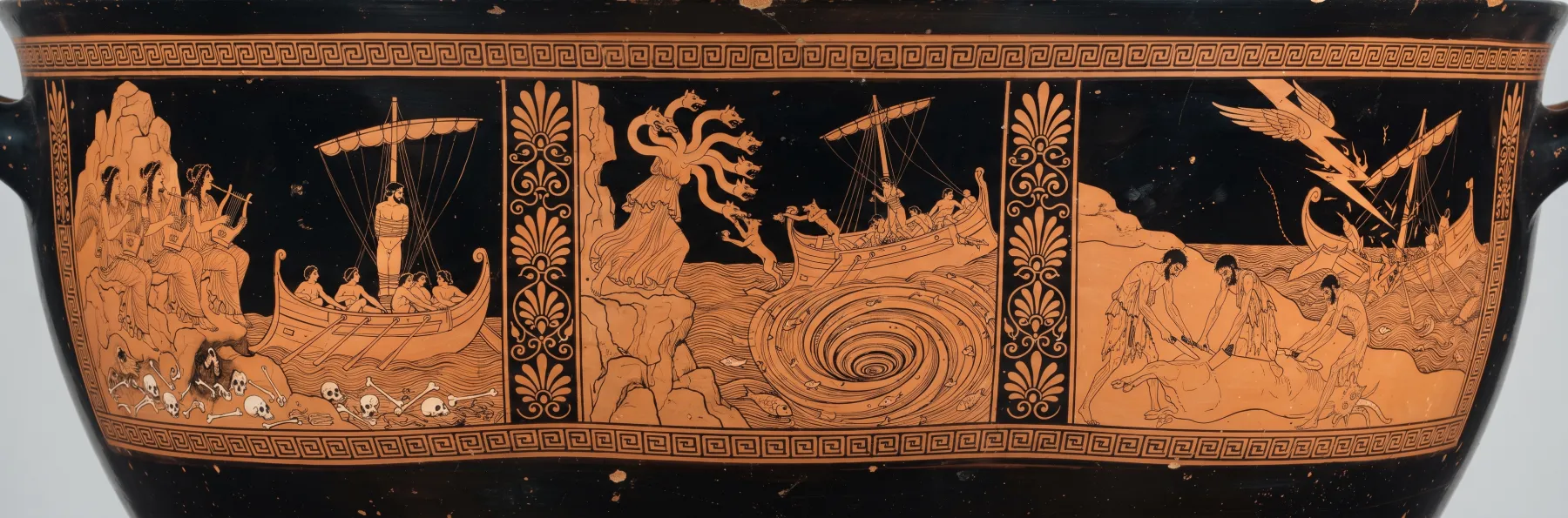 Red-figure frieze for Book 12: The Sirens, Scylla and Charybdis, and the cattle of the Sun.