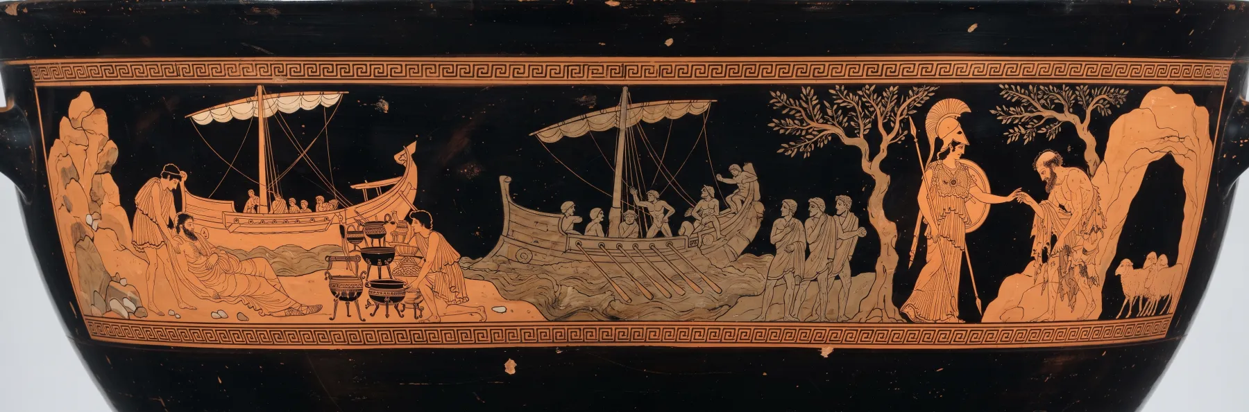 Red-figure frieze for Book 13: The Phaeacians land him on Ithaca; Athena disguises him.
