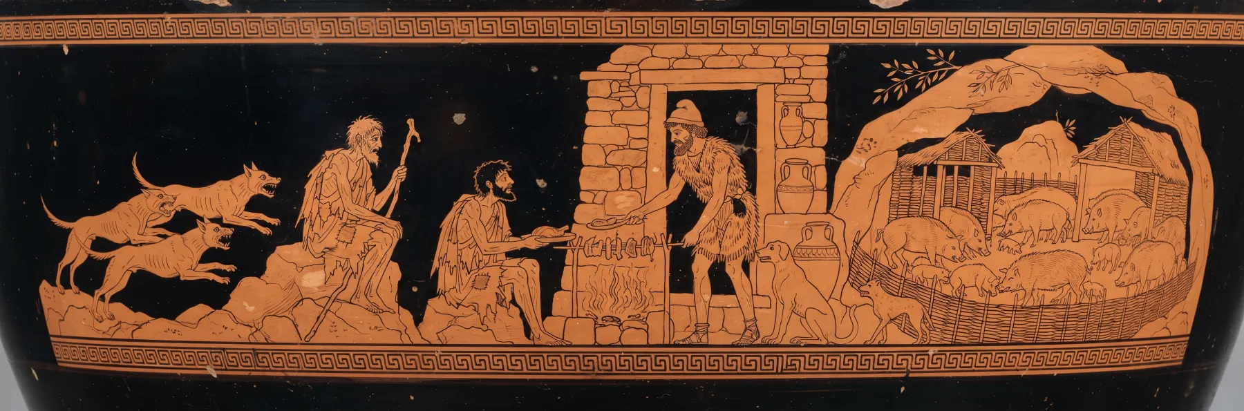 Red-figure frieze for Book 14: The hut of the loyal swineherd Eumaeus.