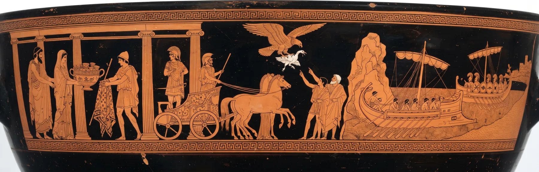 Red-figure frieze for Book 15: Telemachus sails home, evading the ambush.