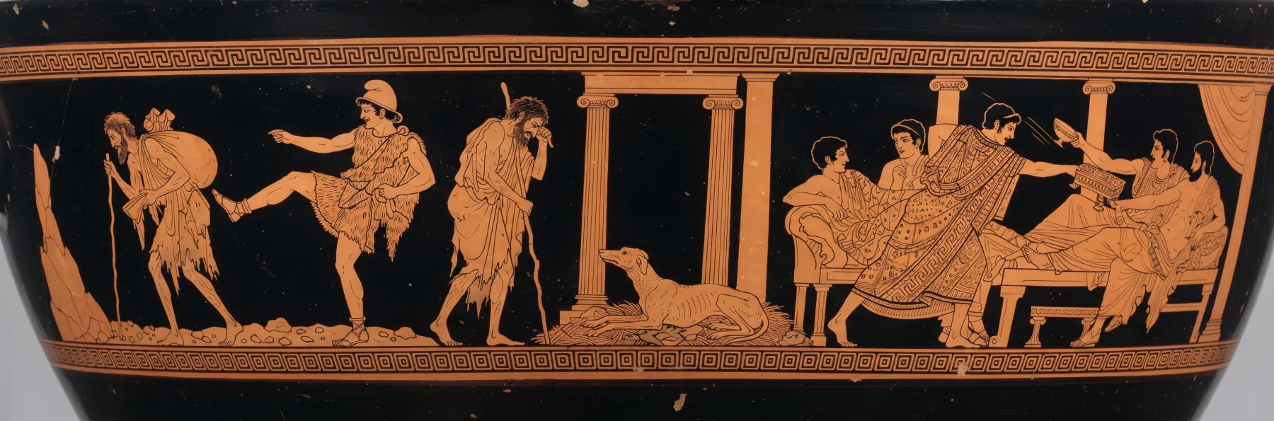 Red-figure frieze for Book 17: A beggar in his own hall; his dog Argos knows him.