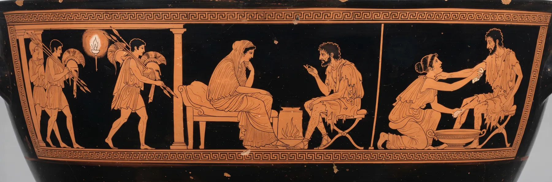 Red-figure frieze for Book 19: Penelope's interview; the nurse recognises the scar.