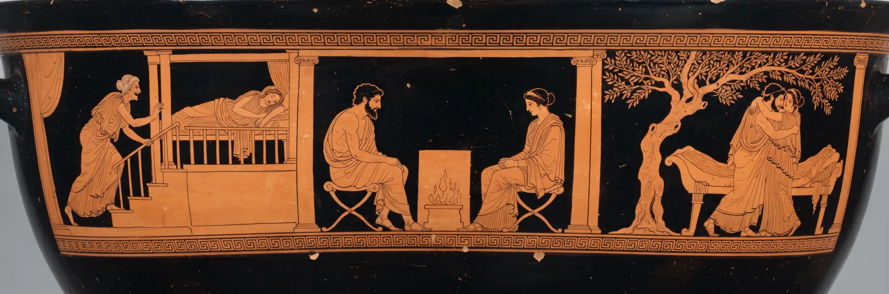 Red-figure frieze for Book 23: Penelope tests Odysseus; the secret of the bed.