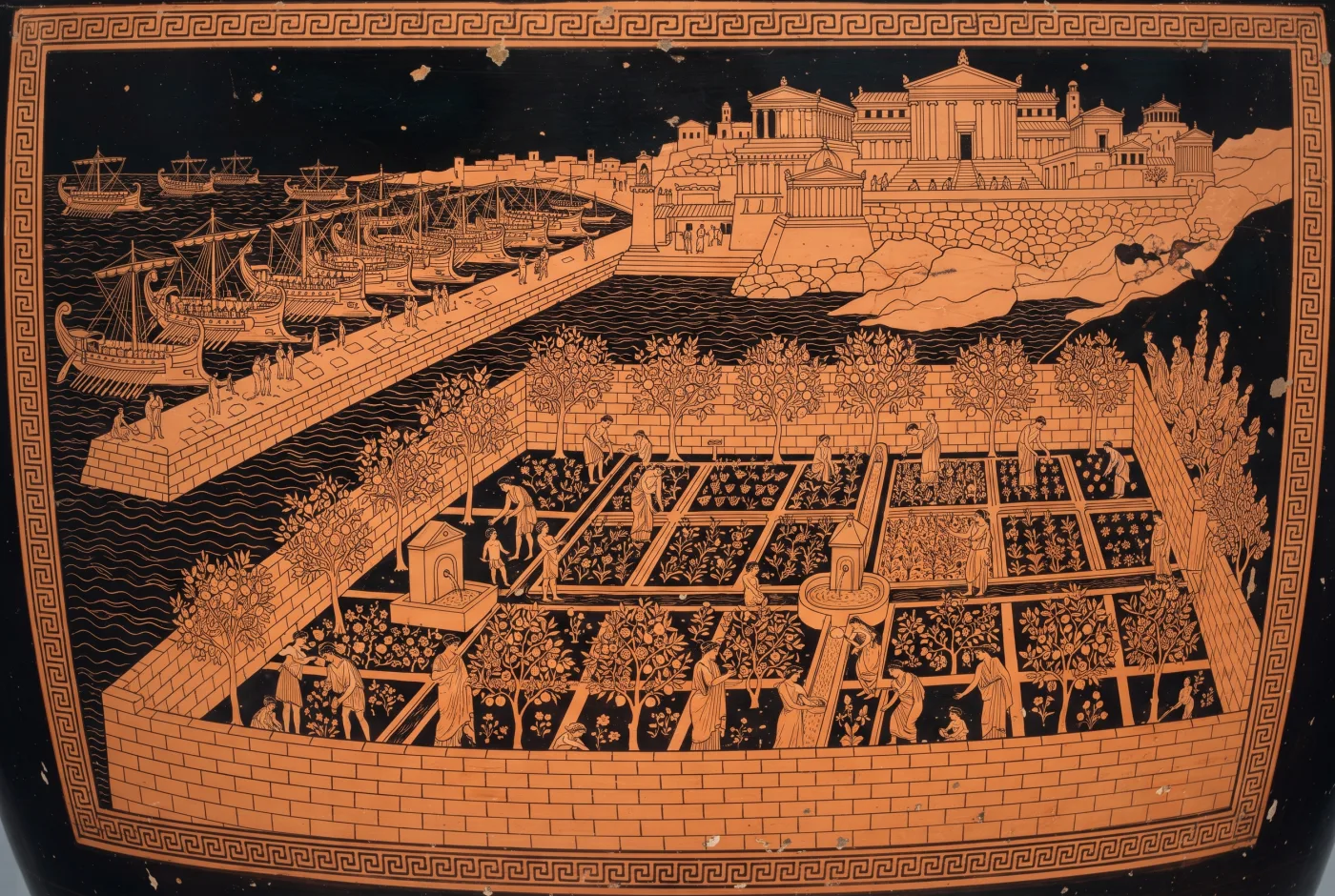 The Phaeacian harbour with its ships drawn up in ordered rows along the mole, and behind it the walled orchard where blossom and ripe fruit hang on the same trees.
