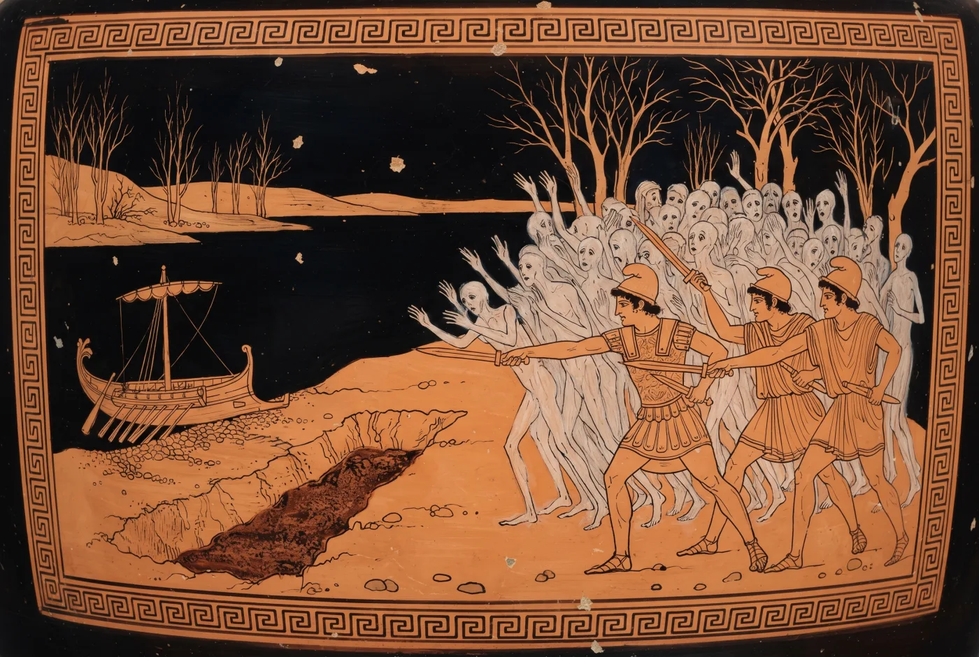 The sunless shore beyond the black river: a trench of dark blood, a beached ship, and the crowding shades drawn in pale line while armed men hold them back with swords.