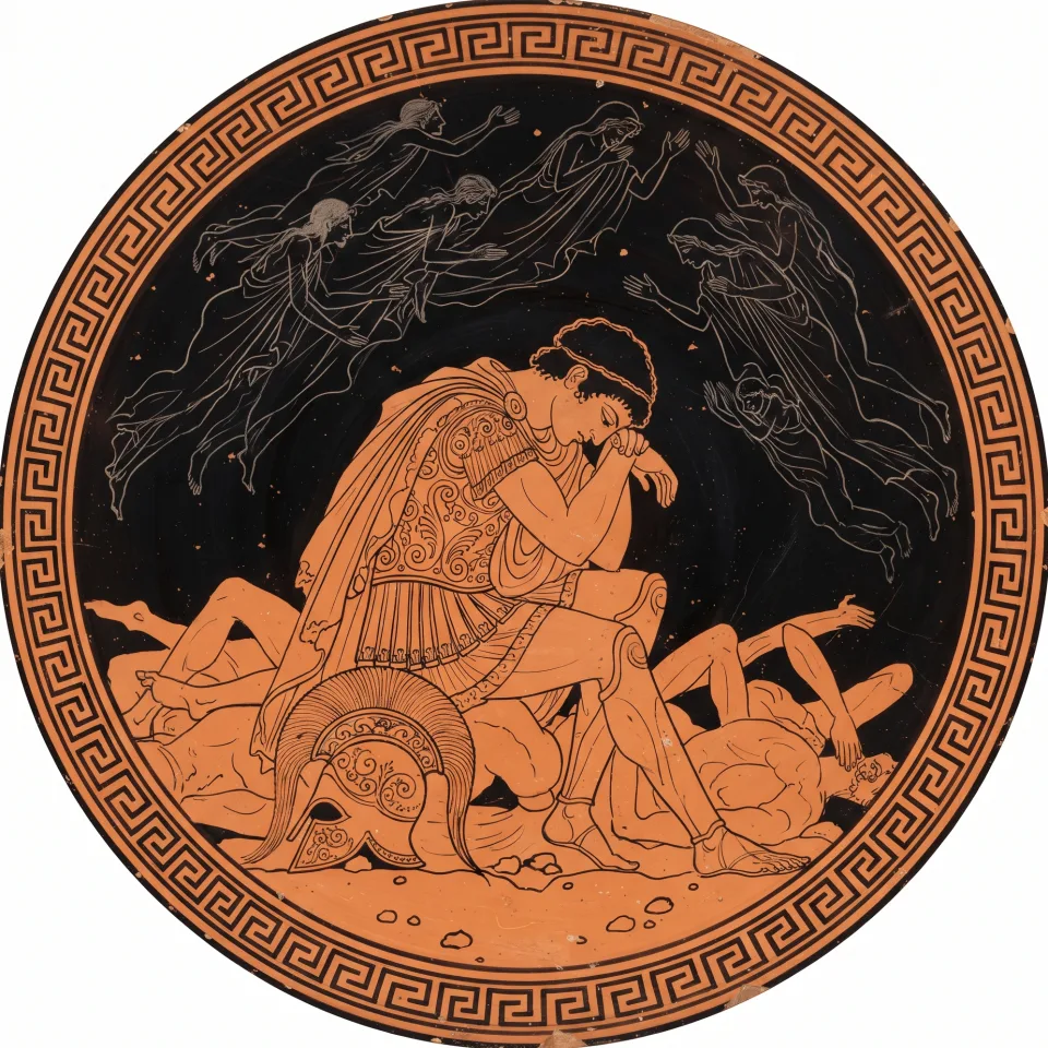 The shade of Achilles seated among the dead in magnificent armour, helmet set aside, his head bowed onto his forearm.