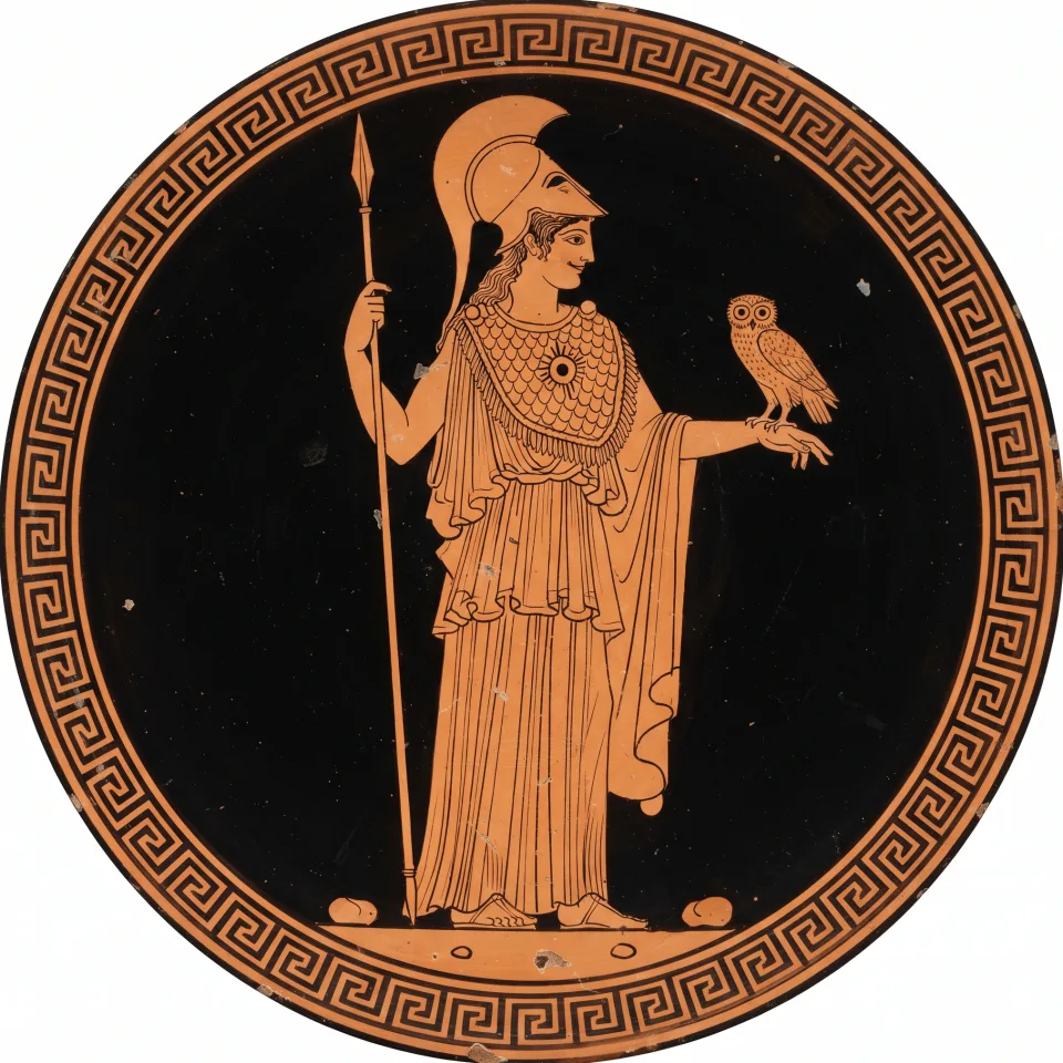 Athena with her helmet pushed back off her face, spear grounded and an owl perched on her wrist — armed, and entirely at ease.
