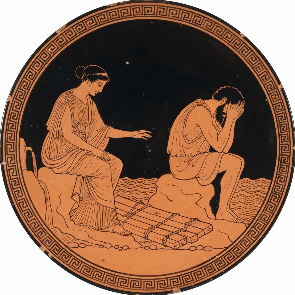 Calypso seated on the rocks reaching toward Odysseus, who sits turned away with his face in his hands beside a half-built raft.