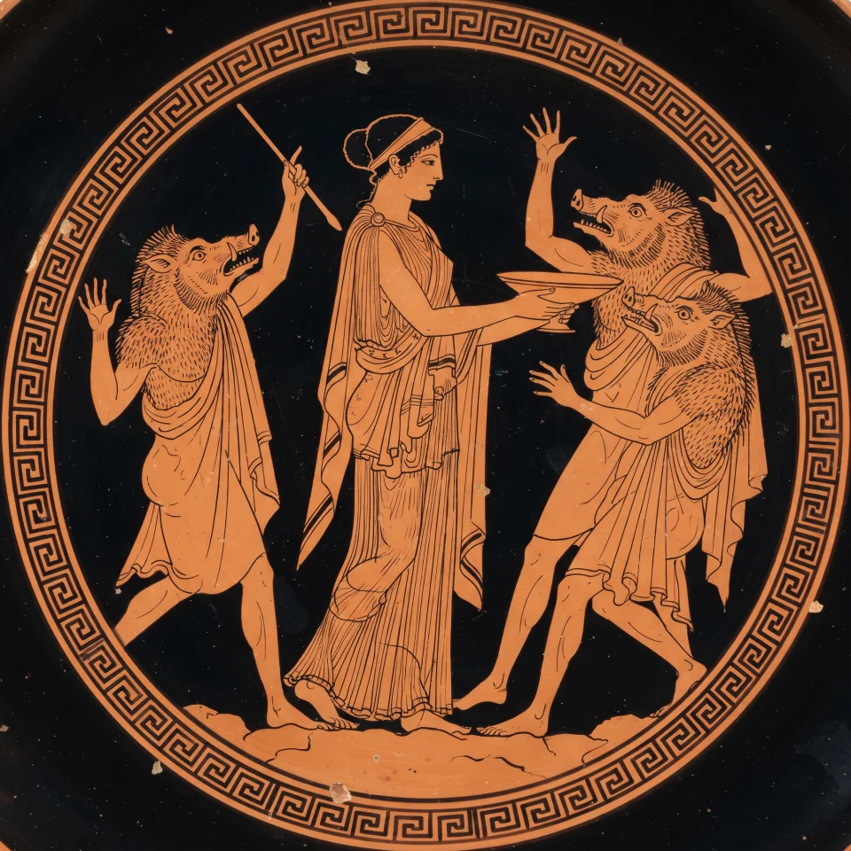 Circe offering the drugged cup with her wand already raised, while the men around her are caught halfway into boars.