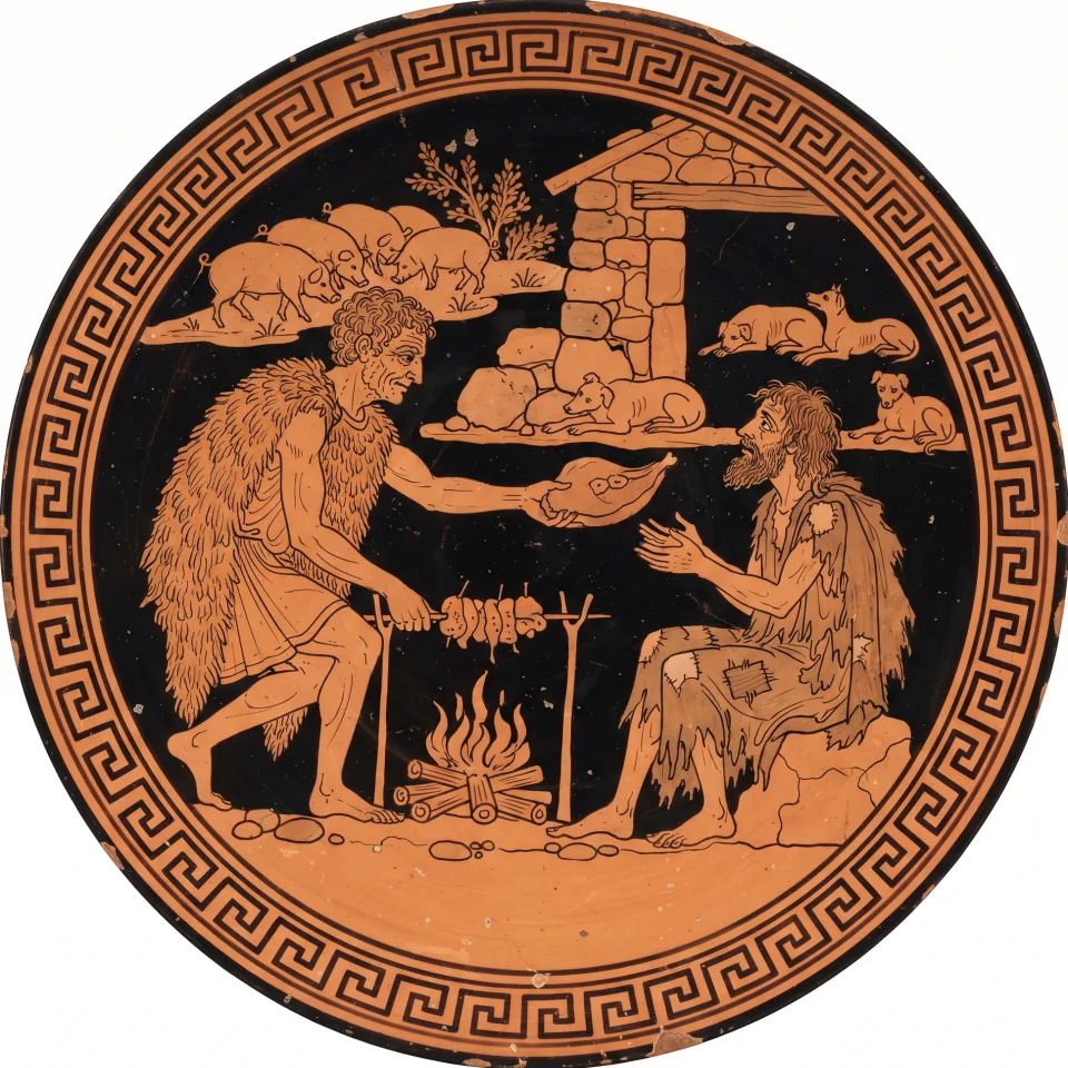 Eumaeus at the fire outside his hut, turning meat on a spit and holding out the best portion to a ragged stranger he does not recognise.
