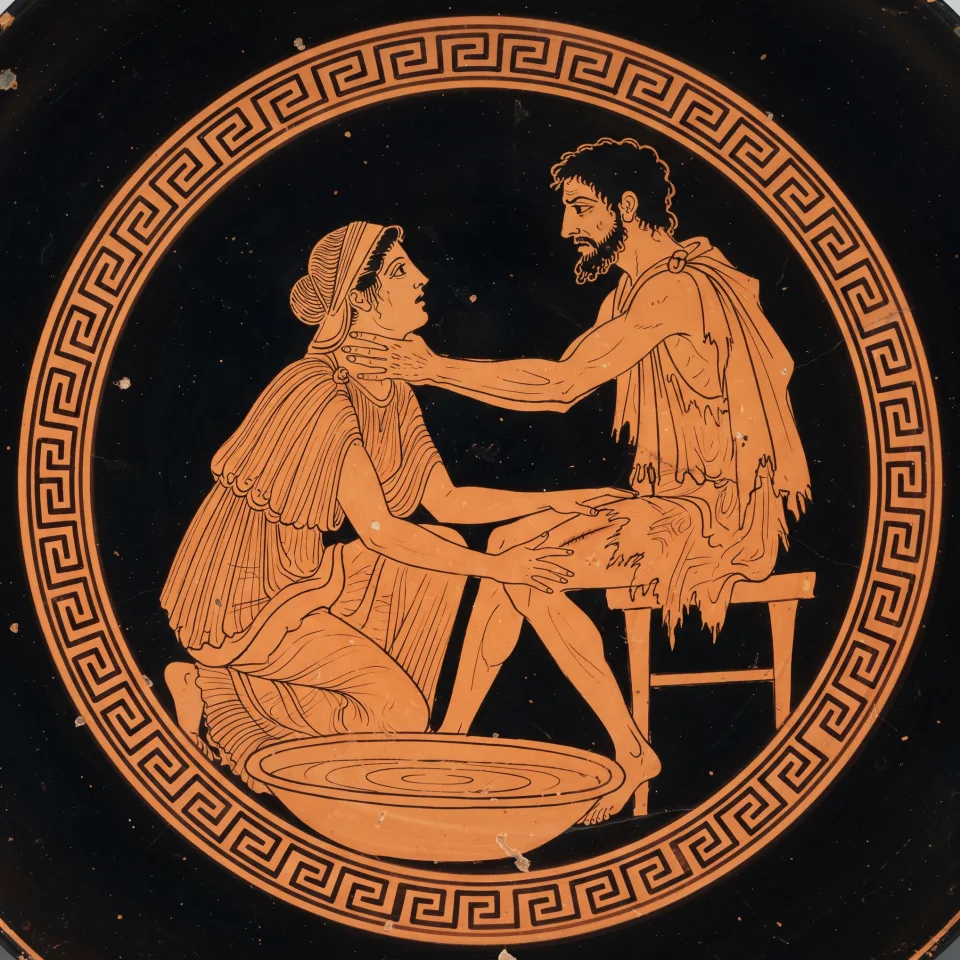 Eurycleia stopped mid-wash with her hand on the scar above his knee, her face turned up in recognition and his hand closing on her throat.