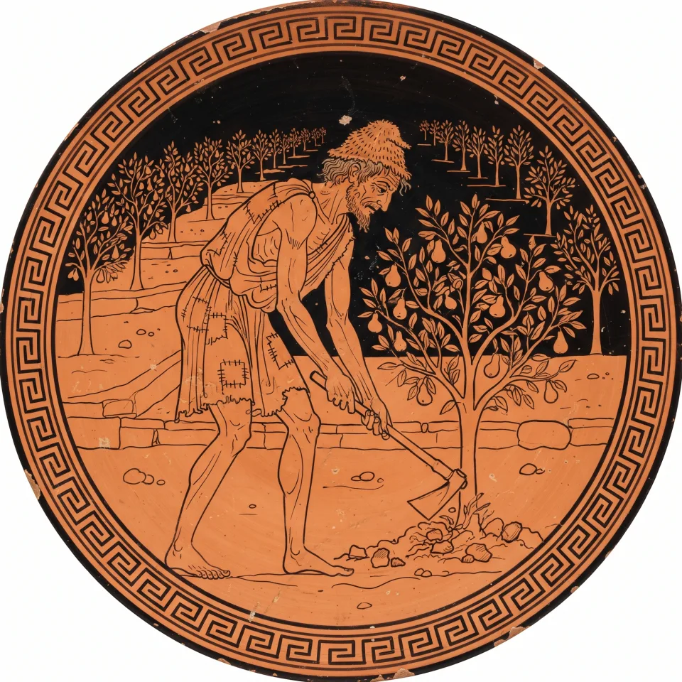 Laertes alone in his terraced orchard, grey and thin in a patched tunic, digging at the root of a pear tree.