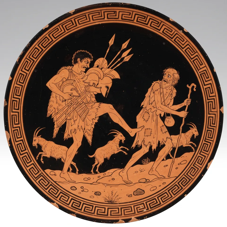 Melanthius kicking at a stumbling beggar on the hill road, goats scattering, a bundle of helmets and spears under his arm that are not his.