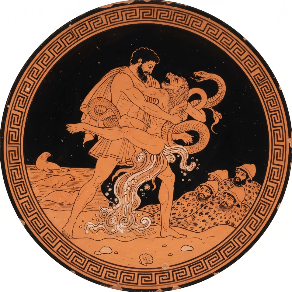 Menelaus wrestling Proteus as the sea-god turns to lion, serpent and running water at once, with his men hidden under sealskins nearby.