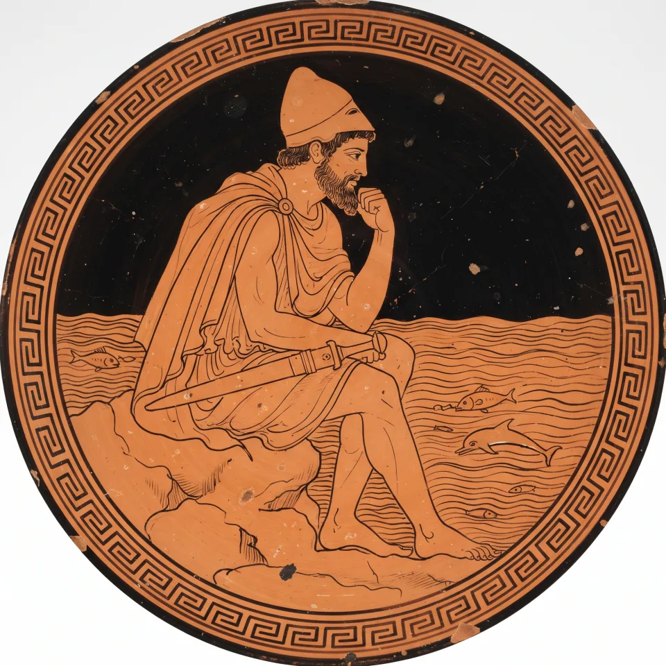 A red-figure vase painting of Odysseus seated alone on the shore in a conical cap, chin on his fist, a sheathed sword across his knees.