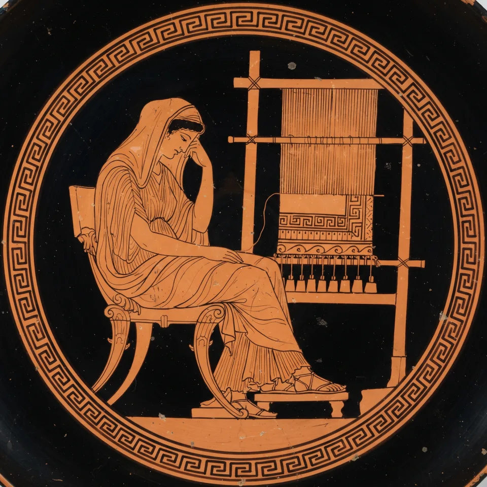 Penelope seated at the upright loom in the attitude Greek art reserved for her — veiled, head resting on her hand — with the half-woven shroud behind her.