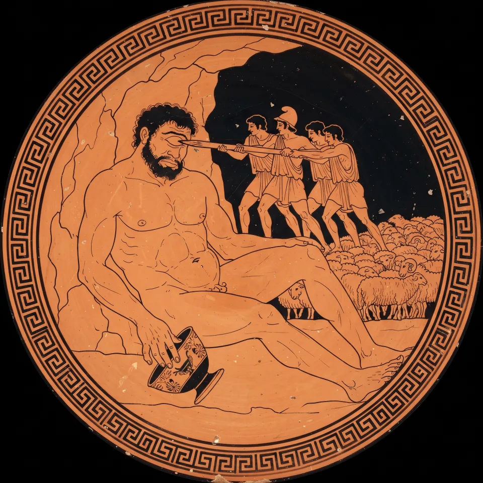 Polyphemus sprawled asleep with his cup fallen, as three tiny men drive a sharpened stake into his single eye. His flocks crowd behind.
