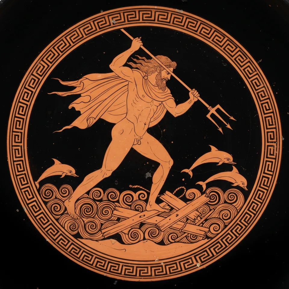 Poseidon striding over the waves with his trident raised above the broken timbers of a raft, dolphins turning away from him.