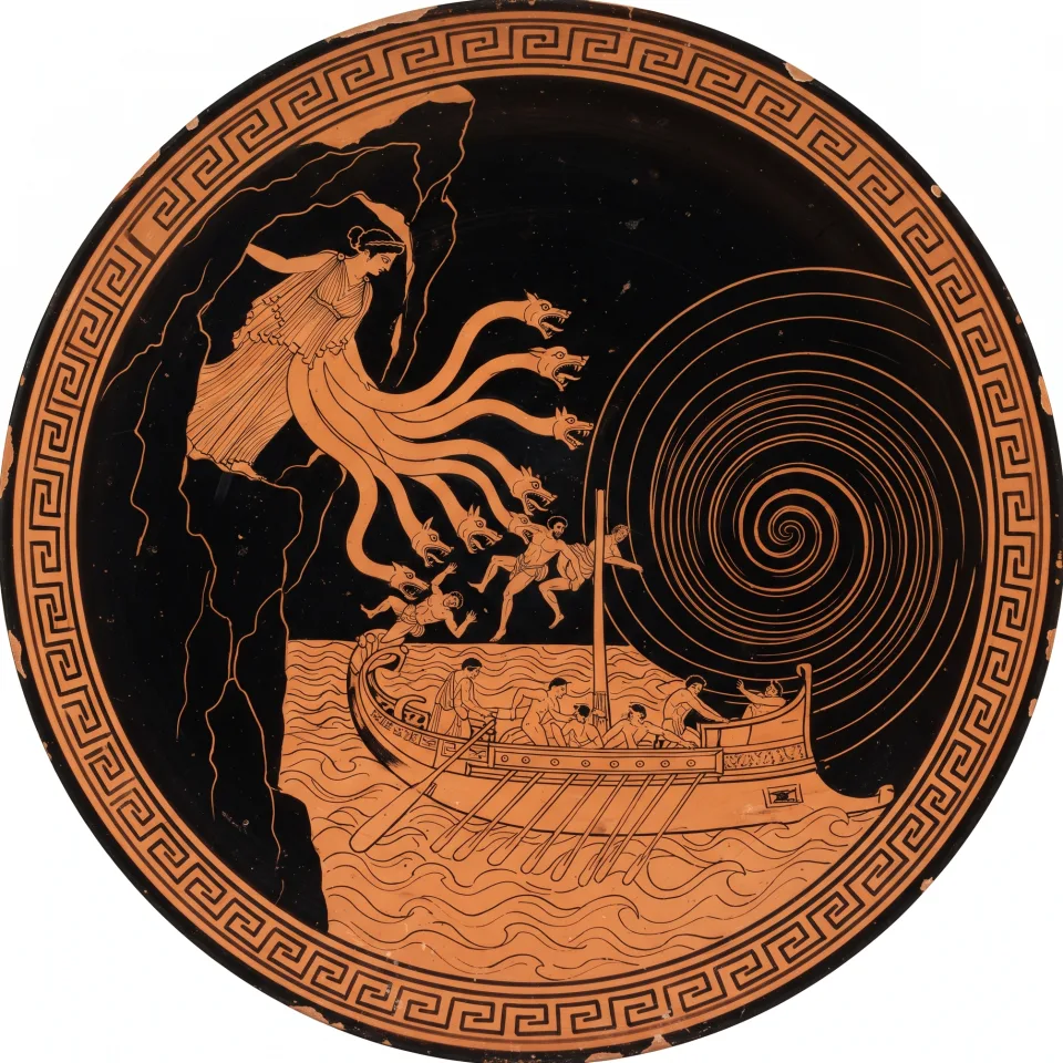 Scylla leaning from the cliff, her six dog-headed necks each plucking a sailor from the deck, while the sea spirals into Charybdis on the other side.